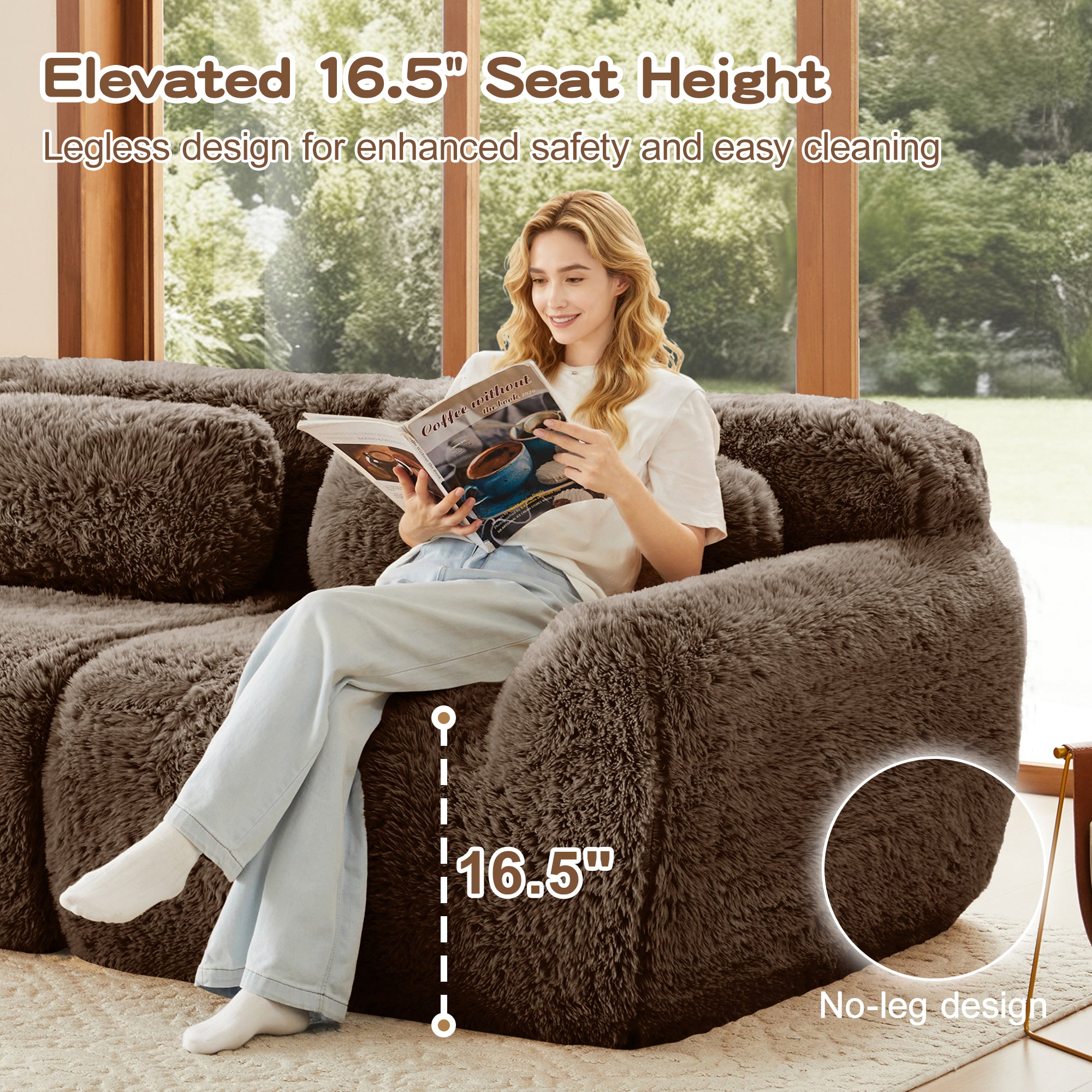 Woman reading on modular chocolate plush sofa with 16.5-inch elevated seat height and legless design for safety and easy cleaning.