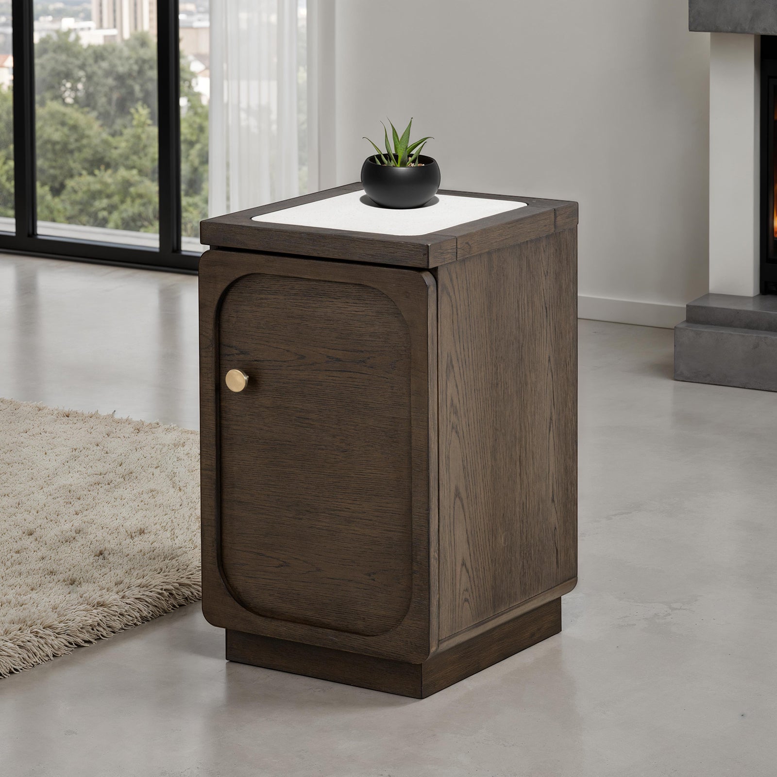 Transitional Side Table - Compact Design in dark walnut with white stone top and USB port, ideal for modern living rooms or bedrooms.