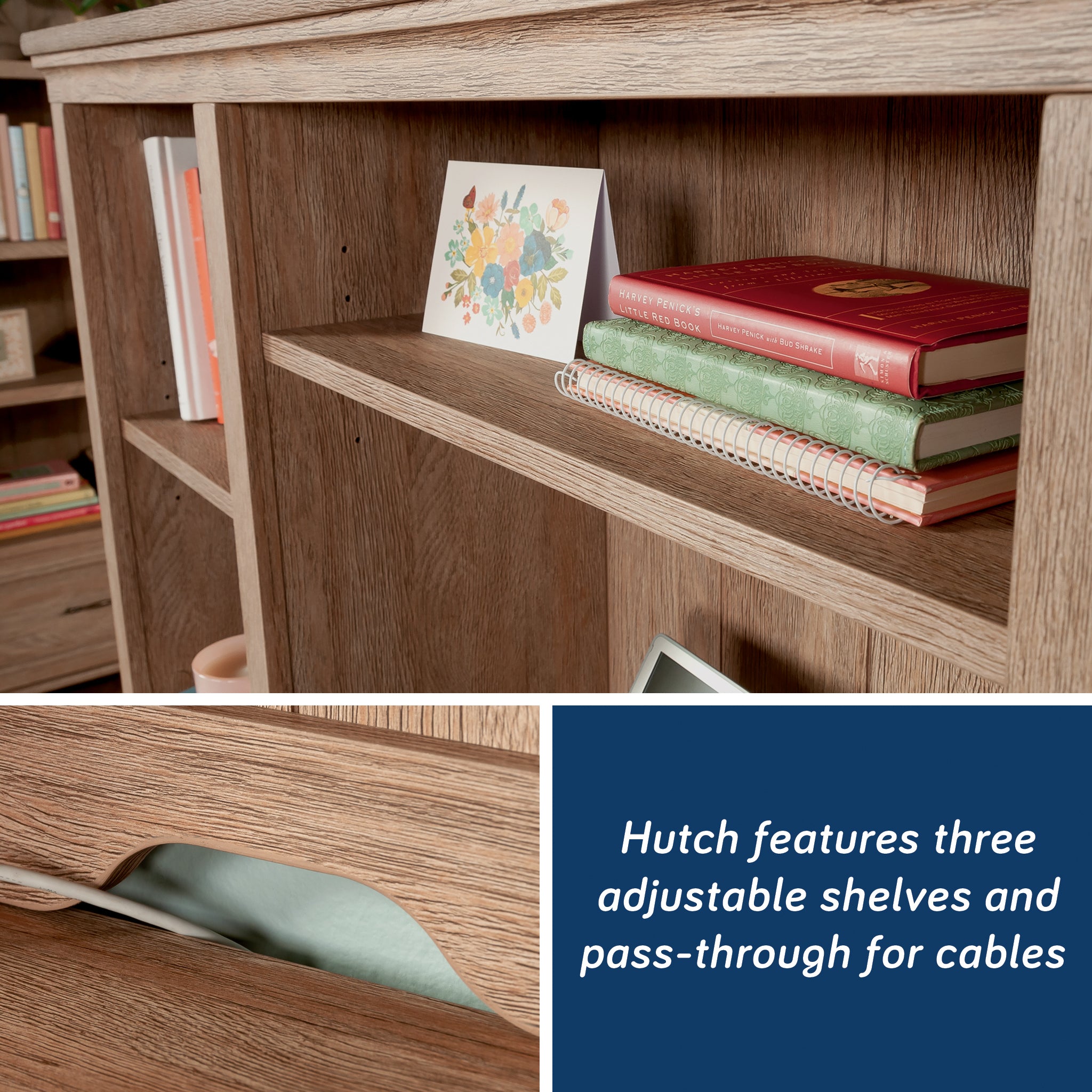 Modern Office Credenza Set hutch with three adjustable shelves and cable pass-through, perfect for customizable office storage and electronics.