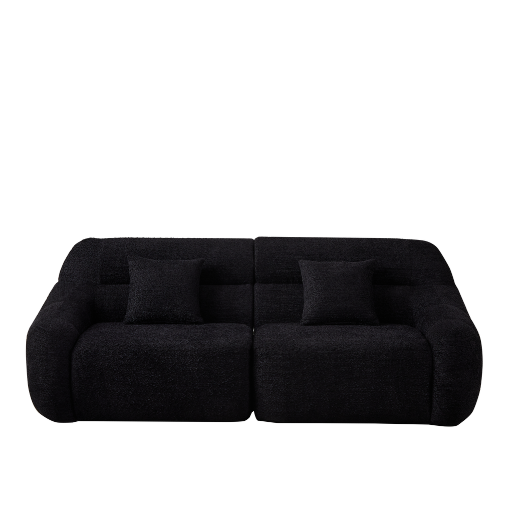 Two-piece setup of Modern Black Modular Sofa - Luxury Chenille with curved edges and soft chenille fabric for compact spaces.
