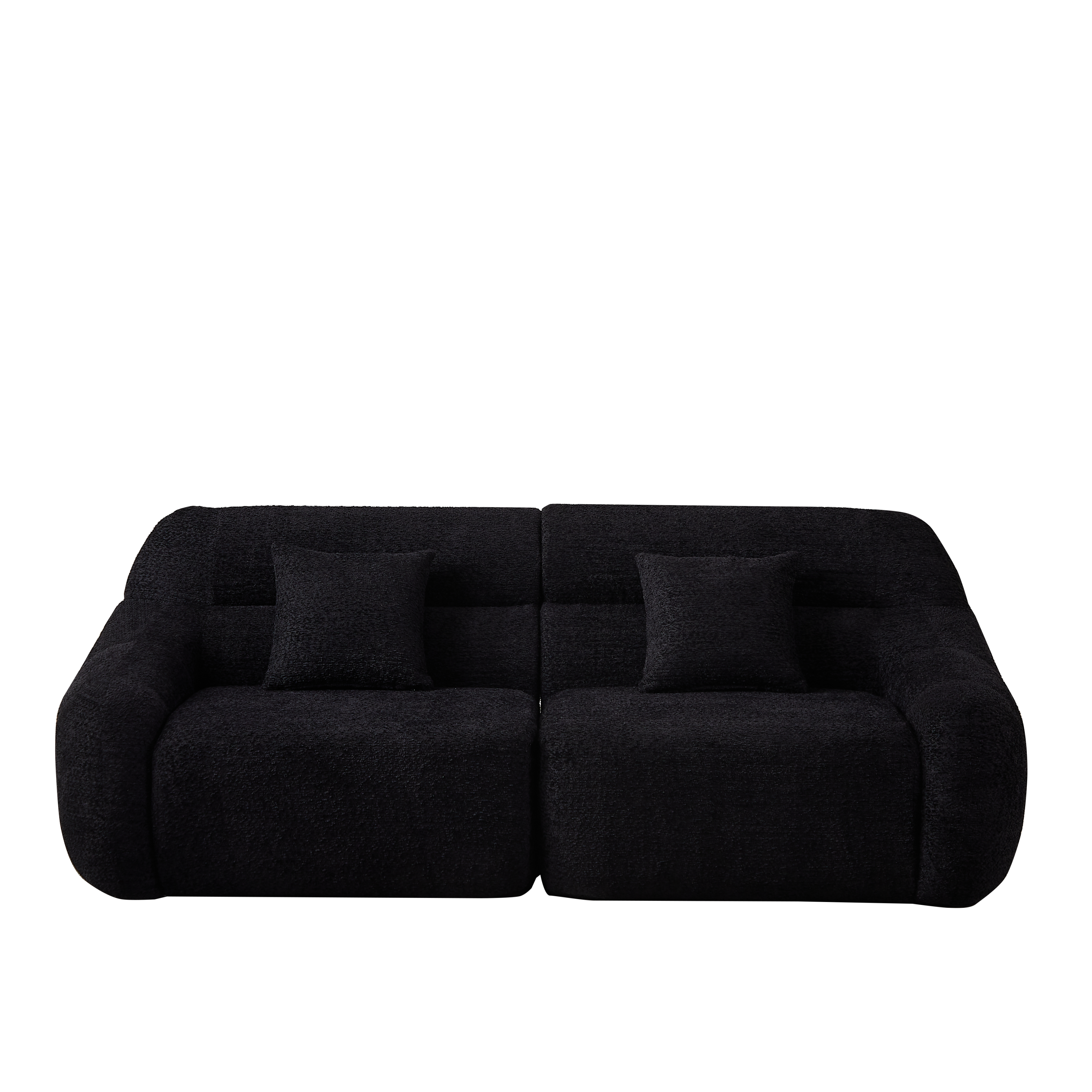 Two-piece setup of Modern Black Modular Sofa - Luxury Chenille with curved edges and soft chenille fabric for compact spaces.