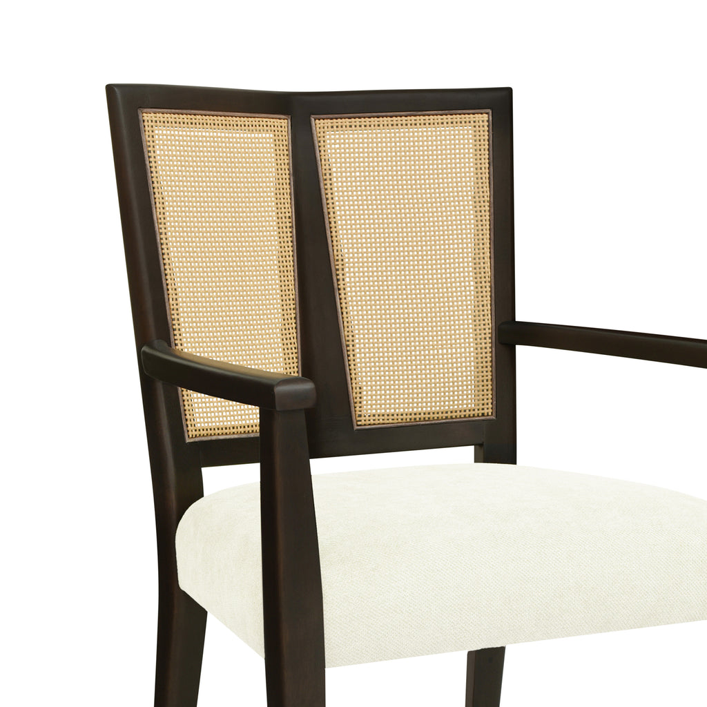 Close-up of rattan backrest and armrest on Mid Century Dining Chair, showcasing craftsmanship and texture.