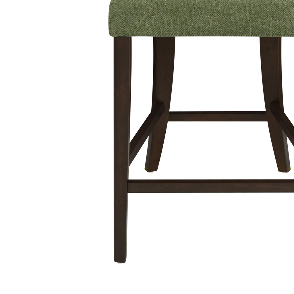 Set of 2 Rubberwood Counter Stools in Dark Brown and Green.