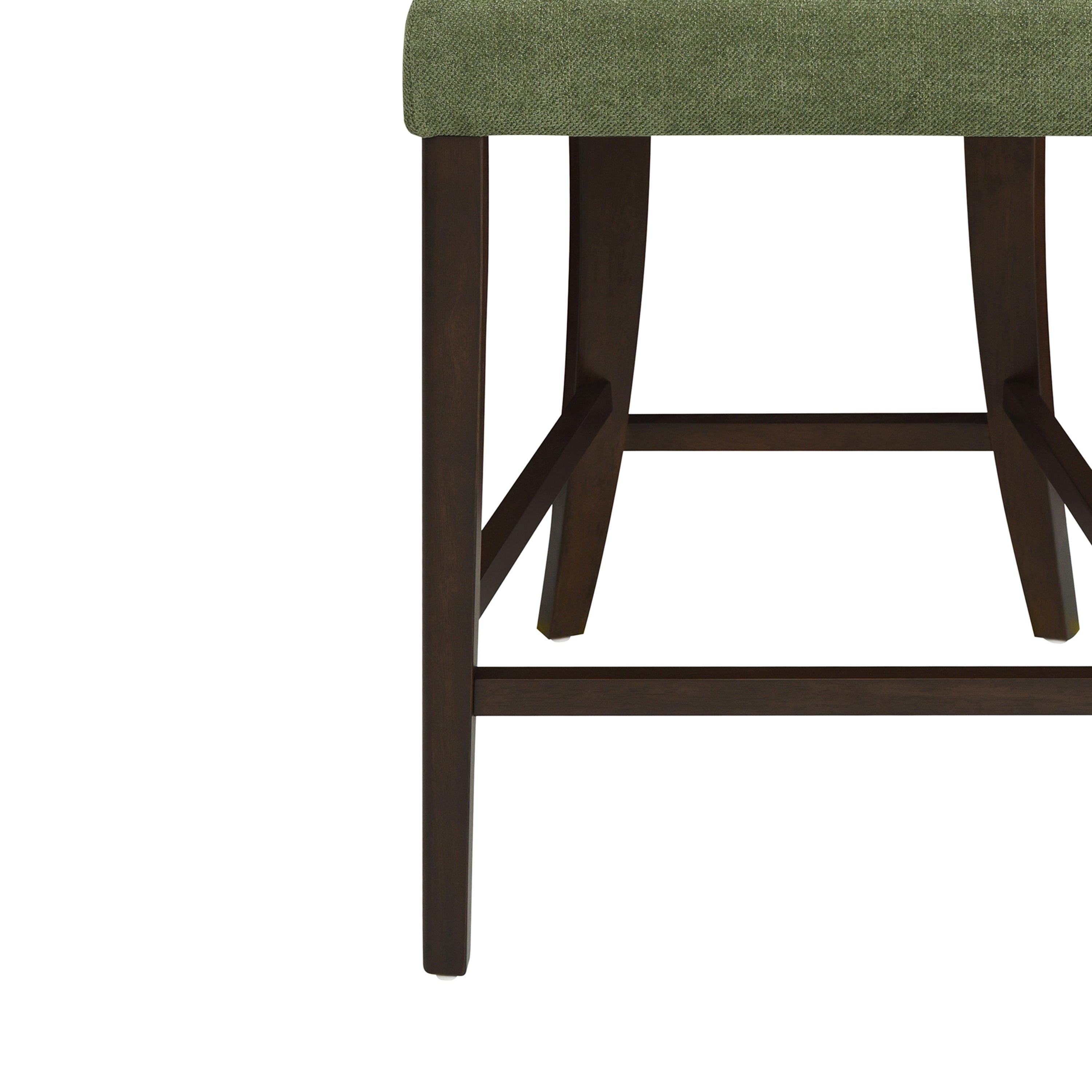 Set of 2 Rubberwood Counter Stools in Dark Brown and Green.