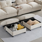 Modular sectional sofa with storage ottomans open, showing pillows and toys inside. Ideal for organized modern living room comfort.