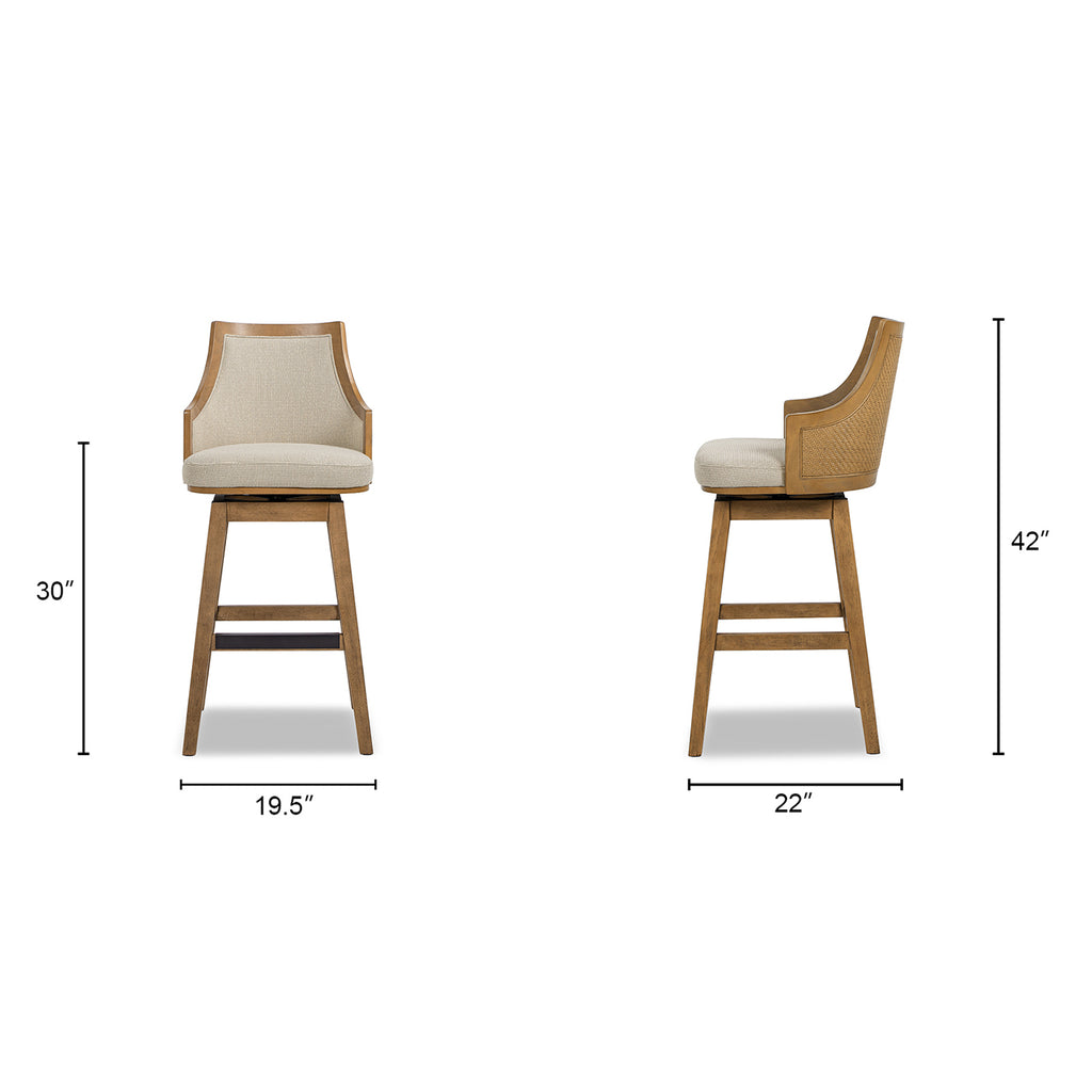 Dimensions of Bahama 30' High-Back Swivel Bar Stool with 42'' total height and 30'' seat height, showcasing ergonomic design and cane rattan accents.