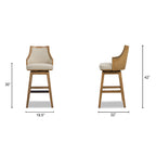 Dimensions of Bahama 30' High-Back Swivel Bar Stool with 42'' total height and 30'' seat height, showcasing ergonomic design and cane rattan accents.
