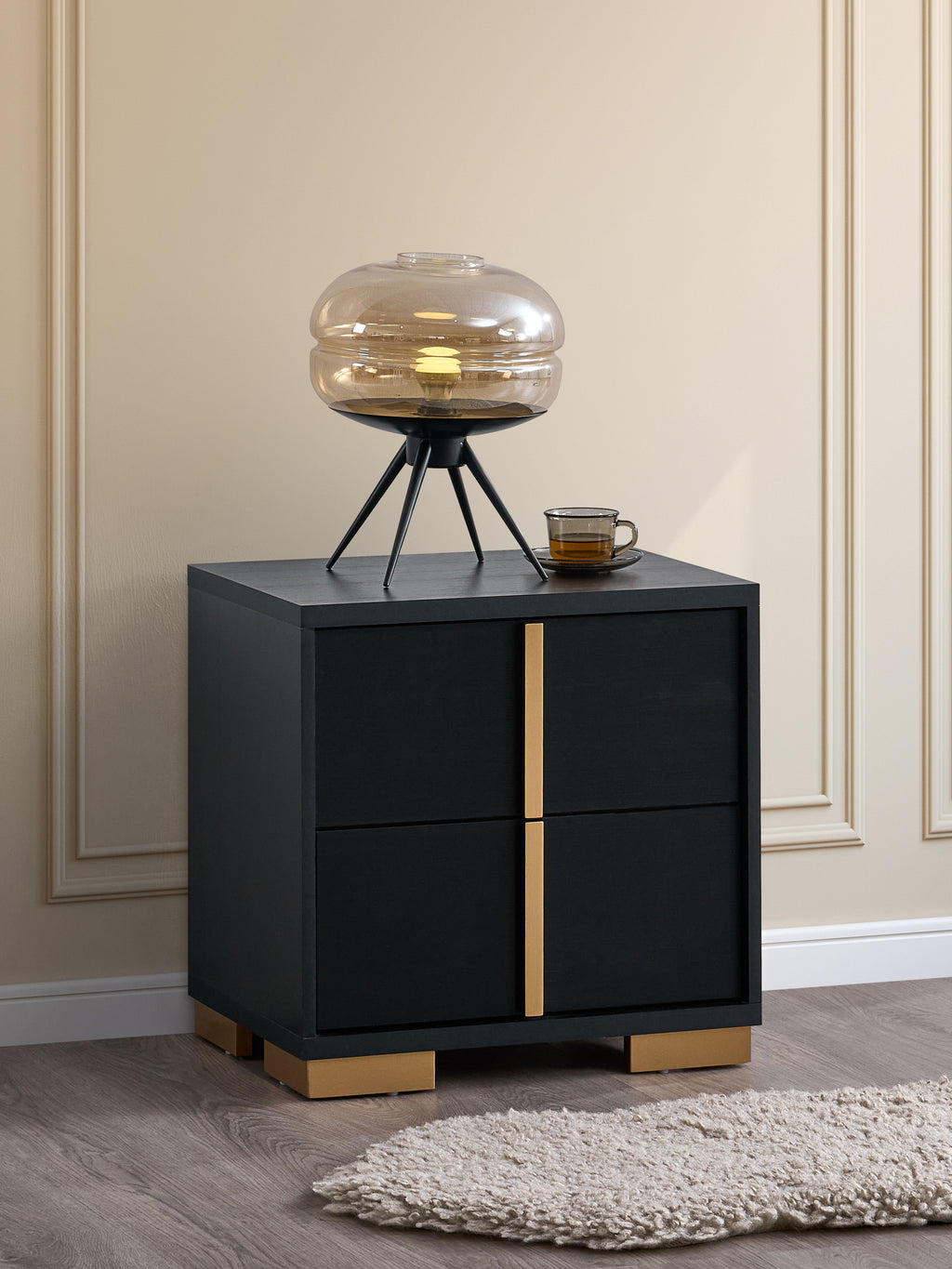 2-Drawer Modern Nightstand in Black with Gold Accents