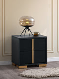 2-Drawer Modern Nightstand in Black with Gold Accents