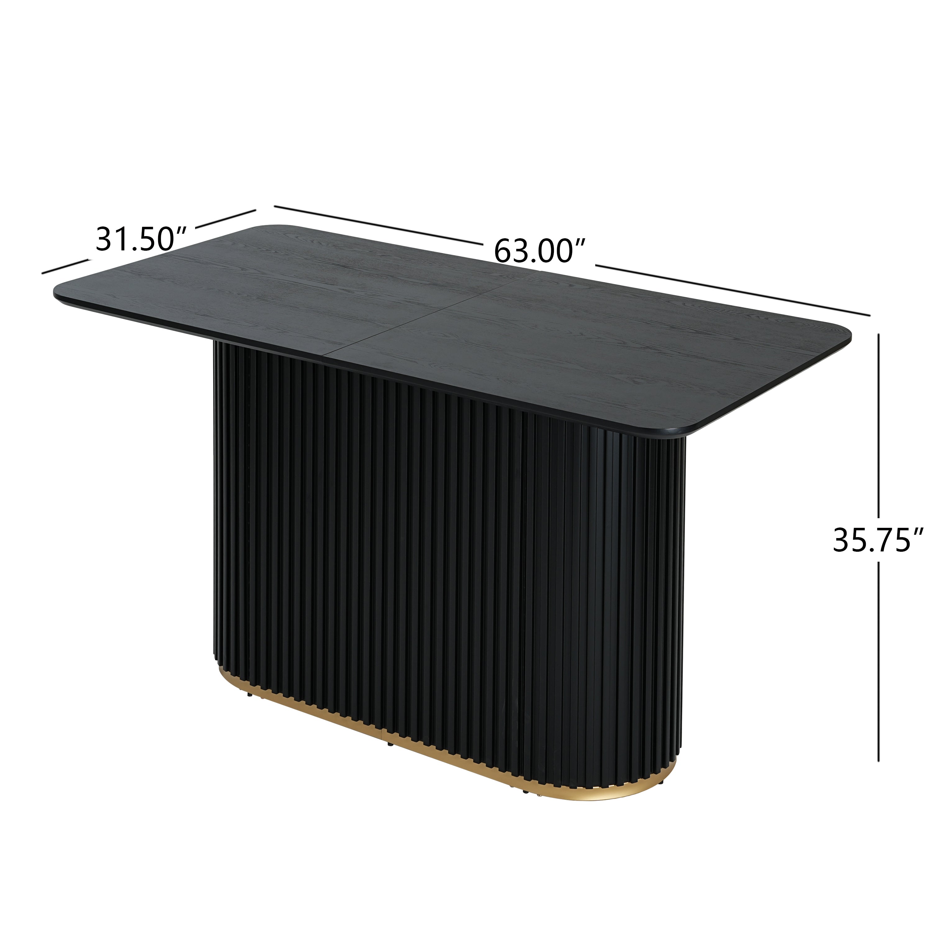 63.00'L black counter table with dimensions labeled, featuring a sleek rectangular top and sturdy fluted base for dining room use.