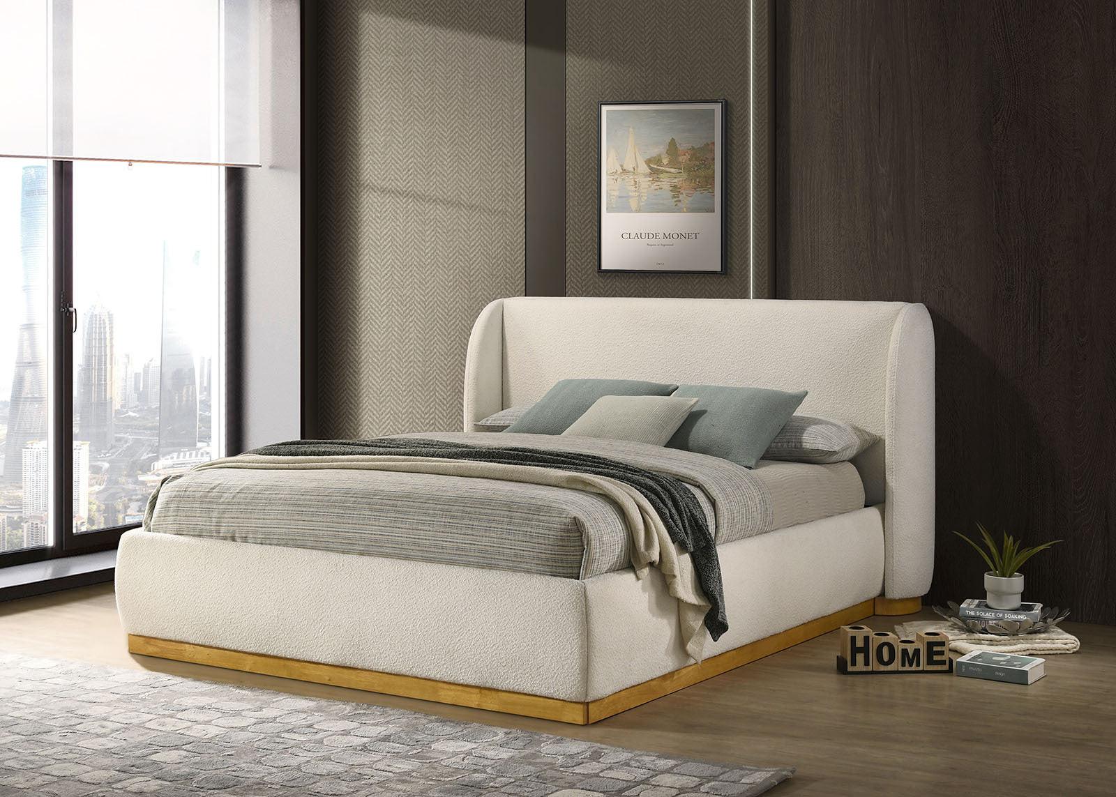 Queen Size Boucle Upholstered Bed with Wingback Headboard.
