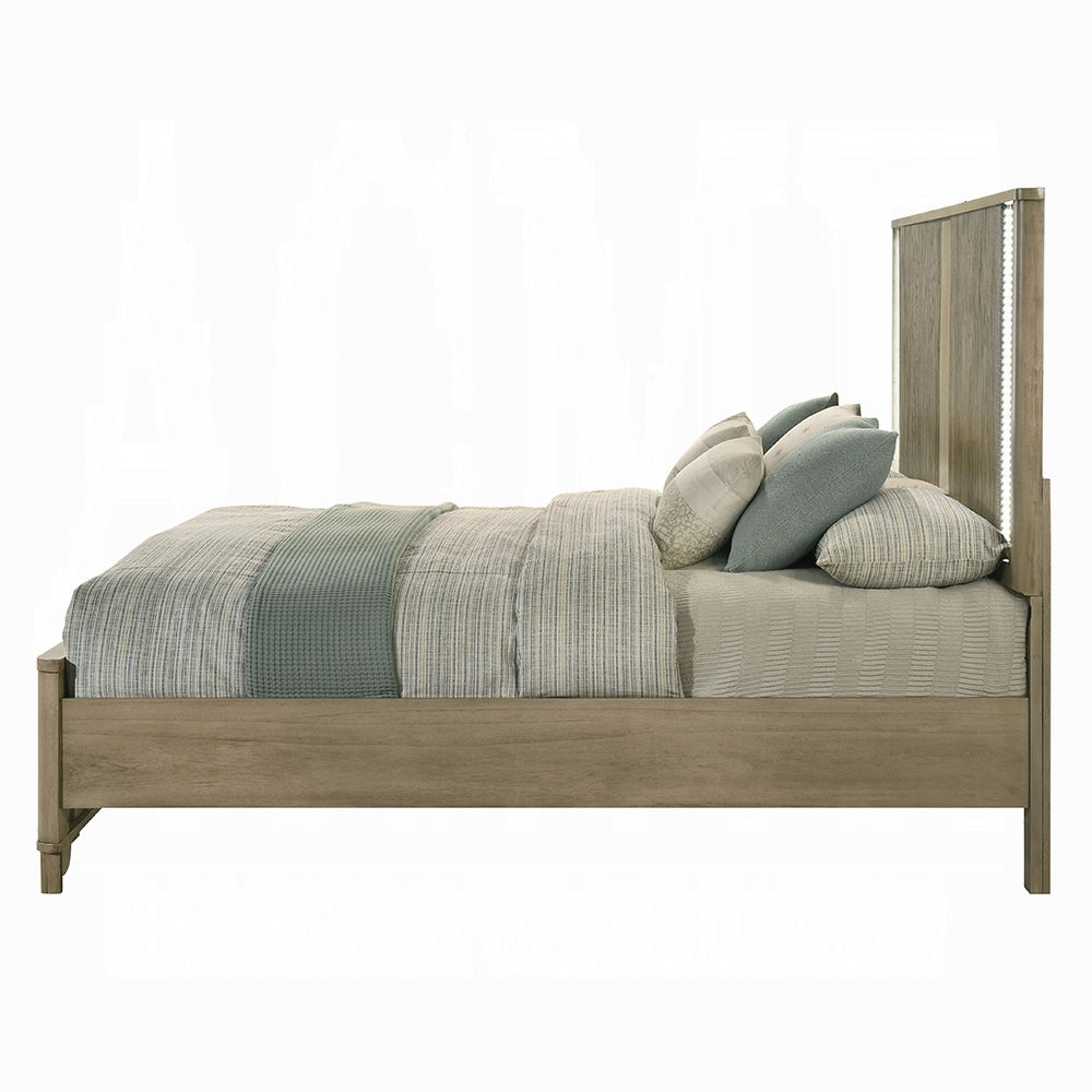 Side profile of King Bed LED Headboard - Antique Oak | Rustic Style showing solid wood frame, LED headboard, and layered bedding in neutral tones.