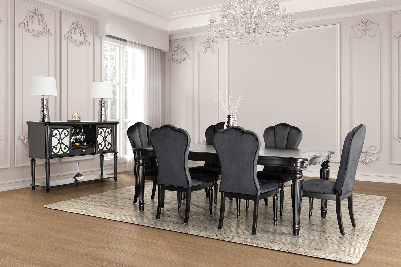 Elegant dining room featuring black side chairs with fluted legs and upholstered backs around a matching black table.