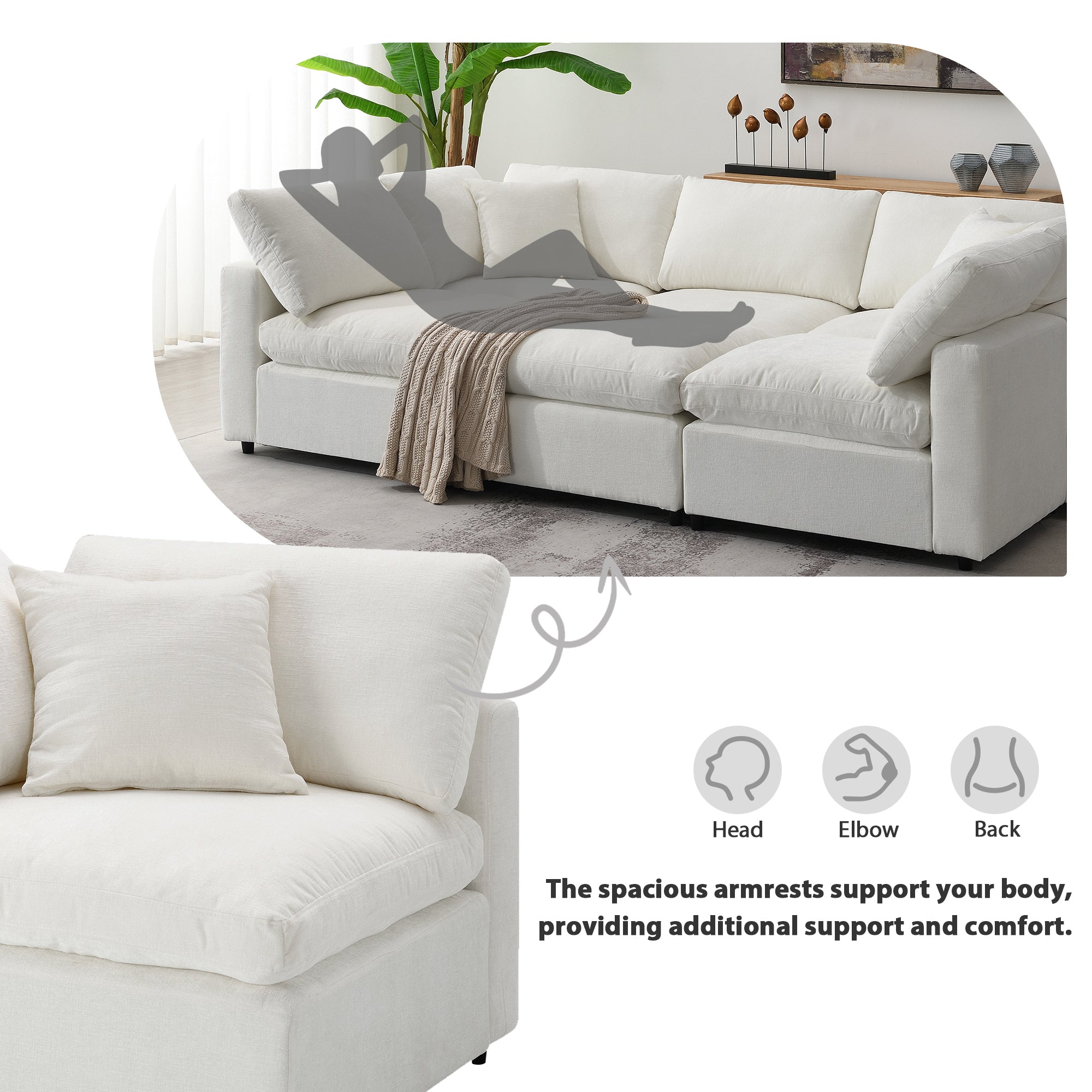 130' Modular Sofa Bed - Convertible 6 Seat Sectional with illustration showing ergonomic armrest support for head, elbow, and back.