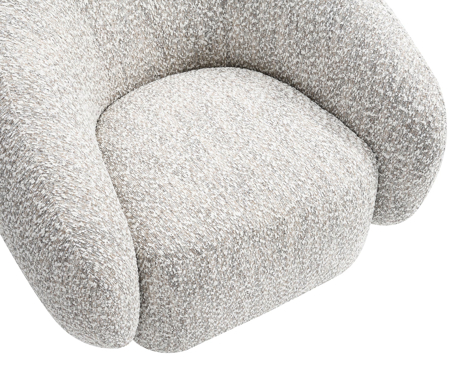 Close-up of the seat cushion on the brown swivel chair with boucle upholstery, highlighting its soft texture and ergonomic design.