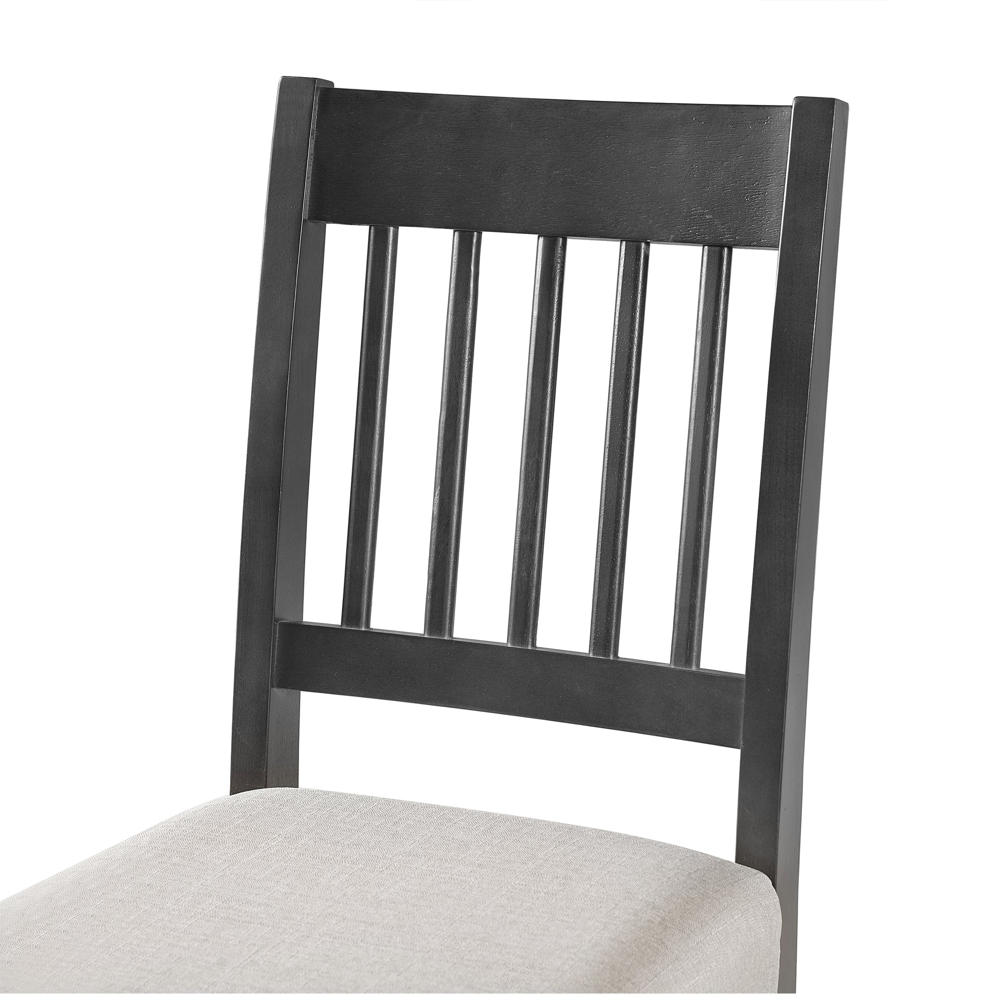 Detail of retro dining chair backrest with vertical slats and black finish, part of sturdy and easy-to-assemble 6-piece dining set.