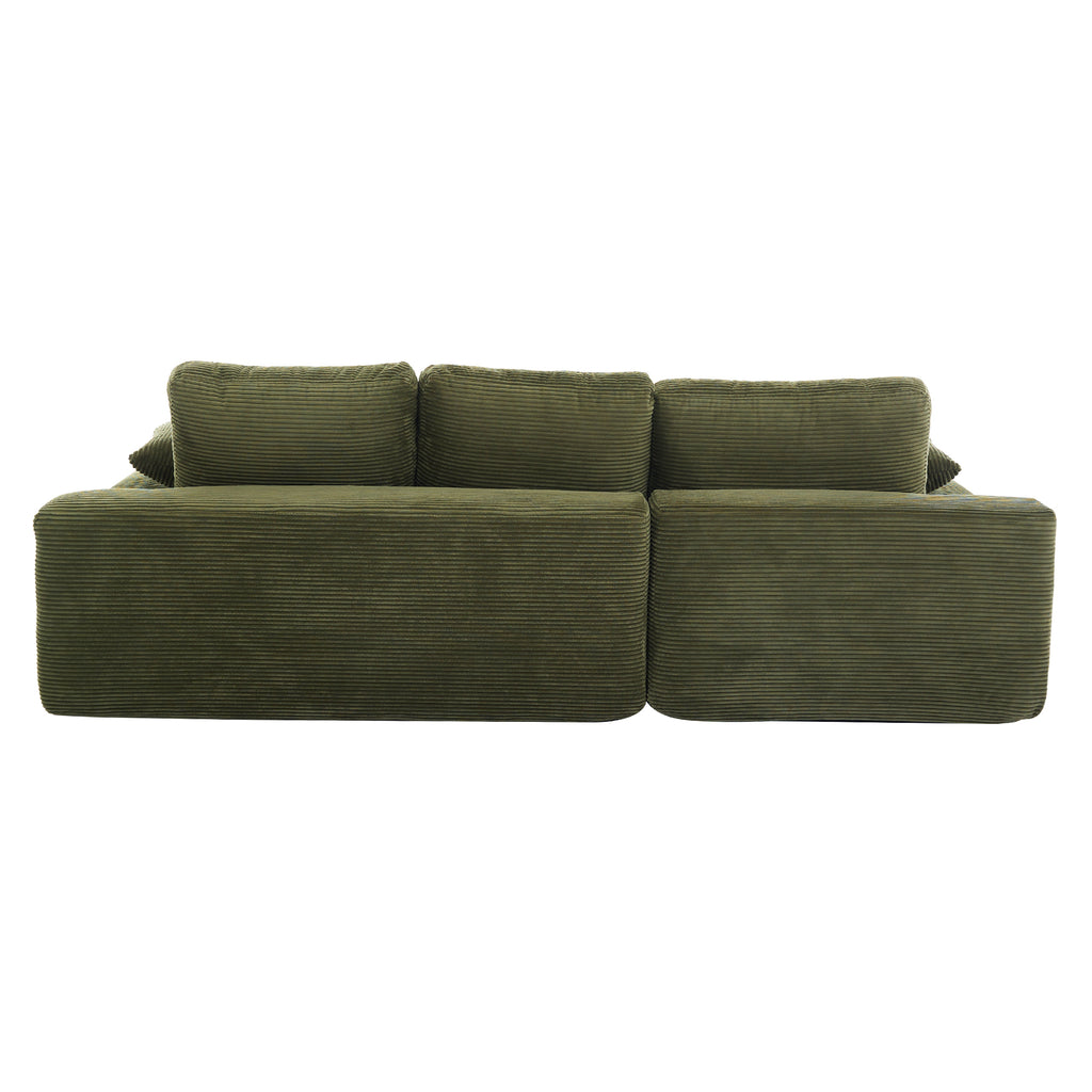 Back view of green corduroy sofa with plush cushions, highlighting its clean lines and durable upholstery for modern interiors.