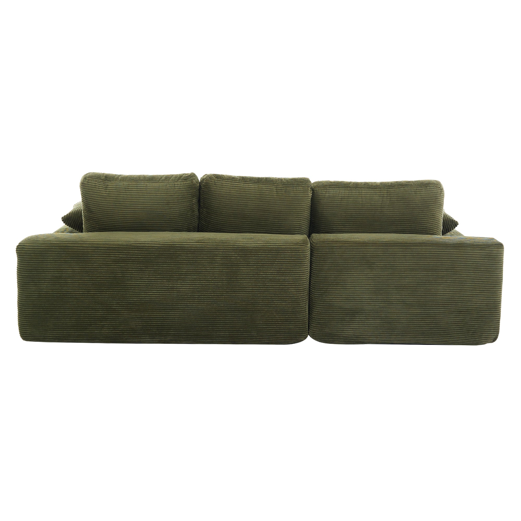 Back view of green corduroy sofa with plush cushions, highlighting its clean lines and durable upholstery for modern interiors.