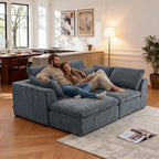 Modern Sectional Couch - Minimalist Sofa with 4 seats shown with couple lounging, highlighting spacious seating and cozy chenille upholstery.