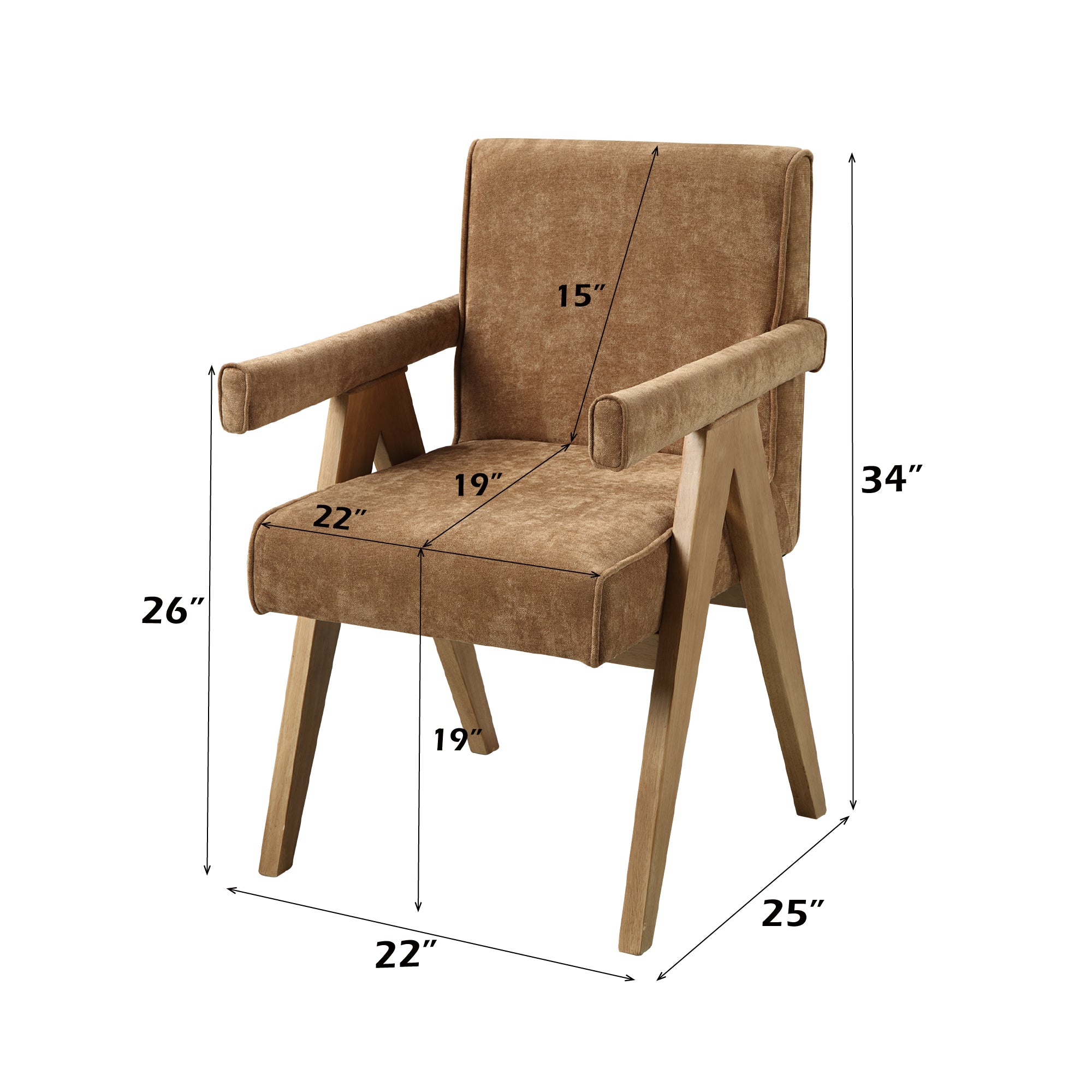 Zoey Chocolate Chenille Chair with labeled dimensions, showcasing 34-inch height and 22-inch seat width for ergonomic seating.