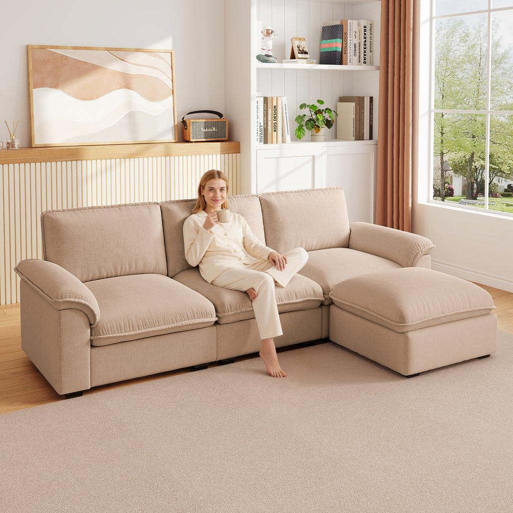 Beige chenille L-shaped modular sectional sofa with plush cushions in a cozy, sunlit living room.