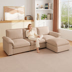 Beige chenille L-shaped modular sectional sofa with plush cushions in a cozy, sunlit living room.