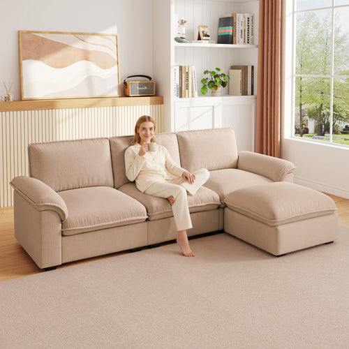 Beige chenille L-shaped modular sectional sofa with plush cushions in a cozy, sunlit living room.