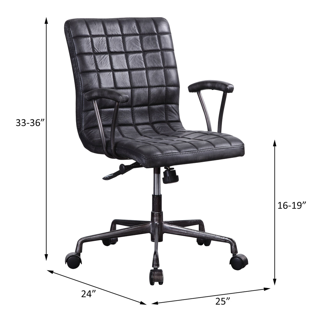 Barack Black Leather Chair - Office Seating with adjustable height from 33-36 inches, 360-degree swivel, and 25-inch wide seat.