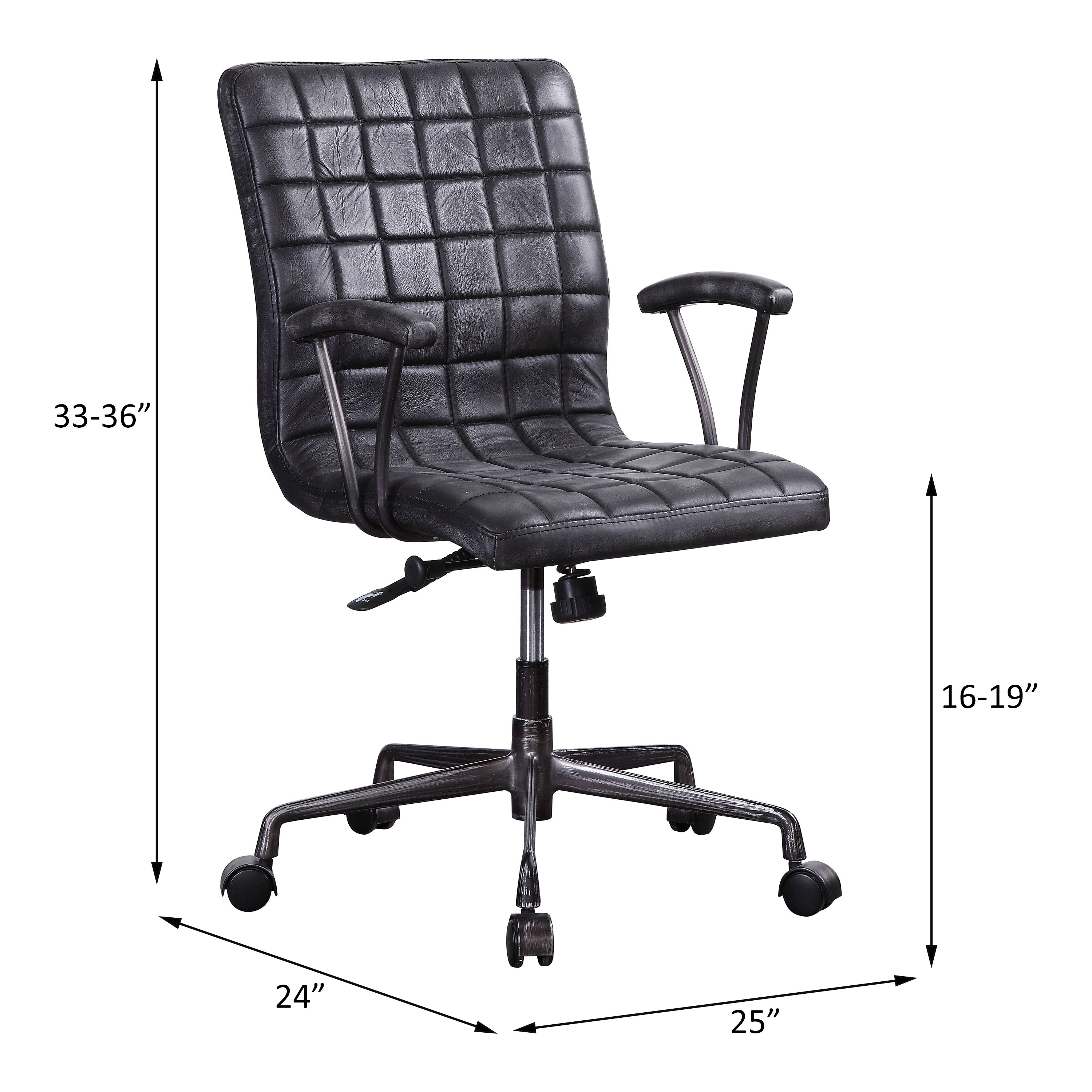 Barack Black Leather Chair - Office Seating with adjustable height from 33-36 inches, 360-degree swivel, and 25-inch wide seat.