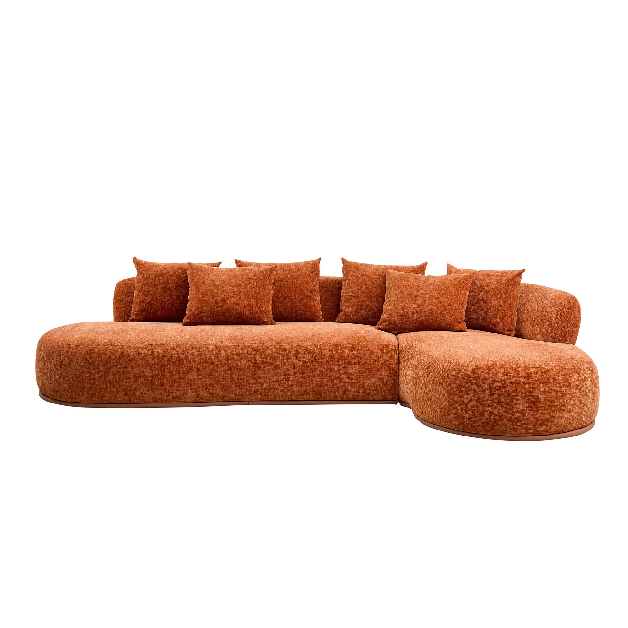 Oversized L-Shape Sofa with right chaise in burnt orange polyester, featuring deep seats and armless modern design. Ideal for spacious living rooms.
