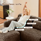 Ergonomic boneless sofa design with labeled support zones for back, lumbar, hip, and legs, enhancing comfort and posture.