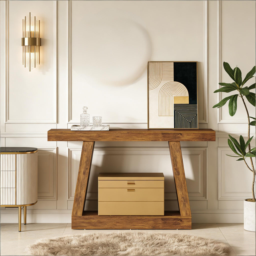 55-Inch Dark Brown MDF Dual-Tier Console Table for Entryway