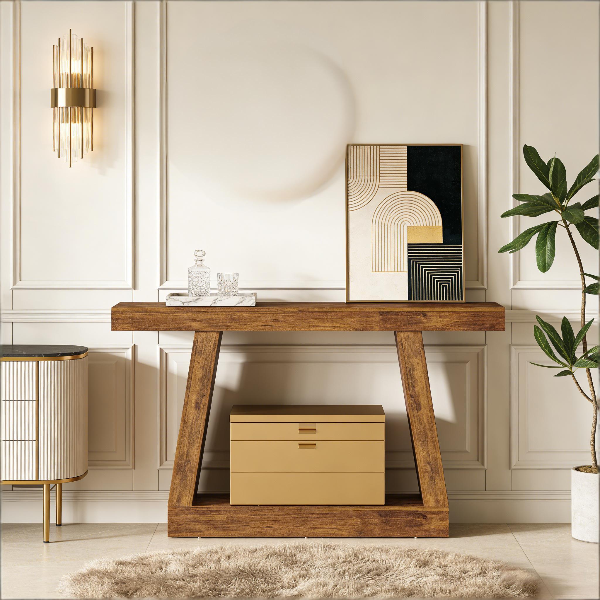 55-Inch Dark Brown MDF Dual-Tier Console Table for Entryway