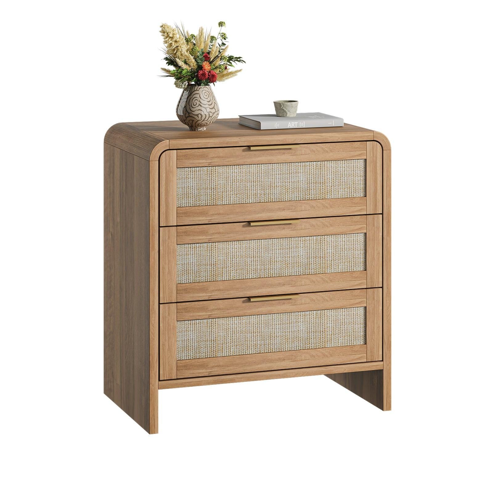 Rattan Nightstand with 3 Drawers for Modern Bedrooms.