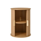[Assembly Video]Mid-Century Coffee Table Set with Sliding Tambour Door, Round Fluted End Table With Storage, Golden Handle Tall & Low Side Table with Wooden Finish for Living Room, Set of Two ,Natural.