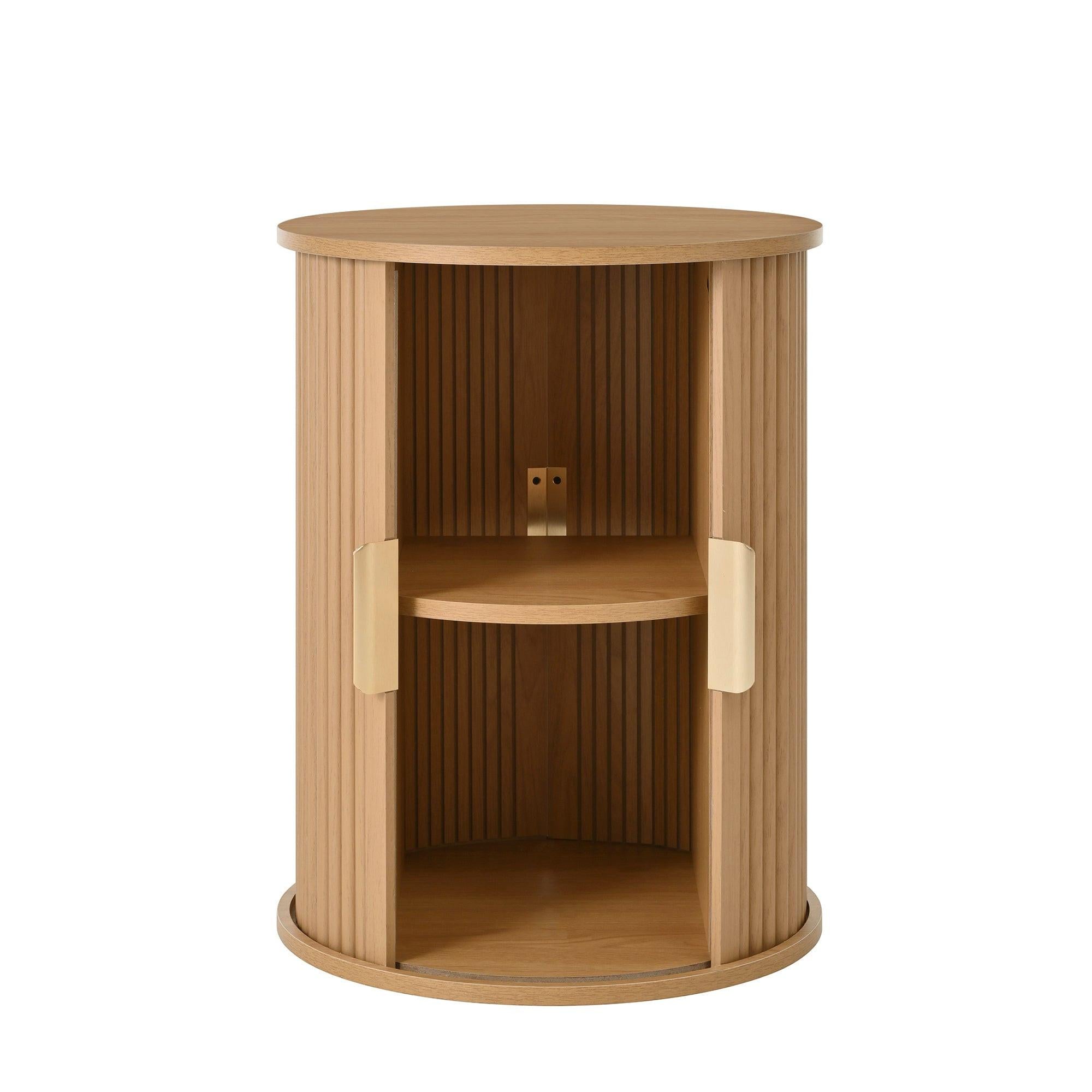 [Assembly Video]Mid-Century Coffee Table Set with Sliding Tambour Door, Round Fluted End Table With Storage, Golden Handle Tall & Low Side Table with Wooden Finish for Living Room, Set of Two ,Natural.