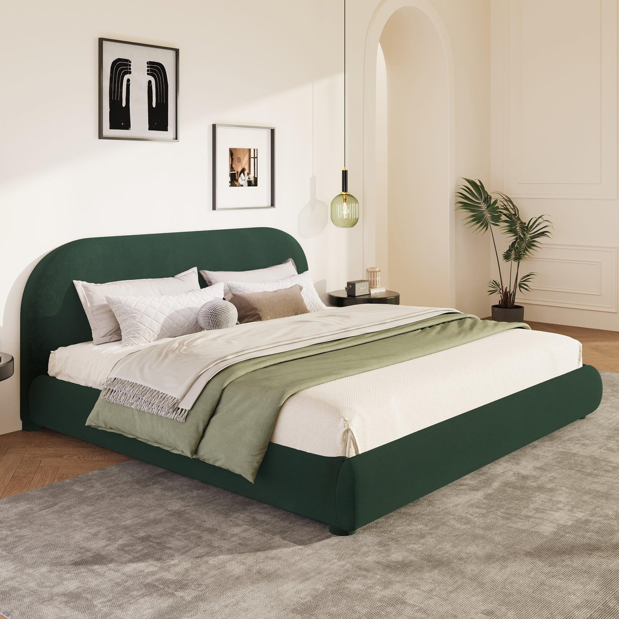 Dark Green Velvet Queen Bed with Curved Headboard.