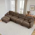 Brown 4-seater modular chenille sectional sofa with pleated design, round arms, ottoman, and two round throw pillows.