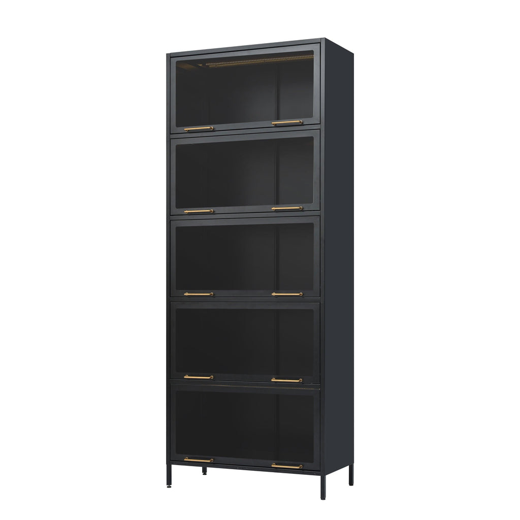 Iron Display Cabinet with Glass Doors - 5-Tier Bookcase.