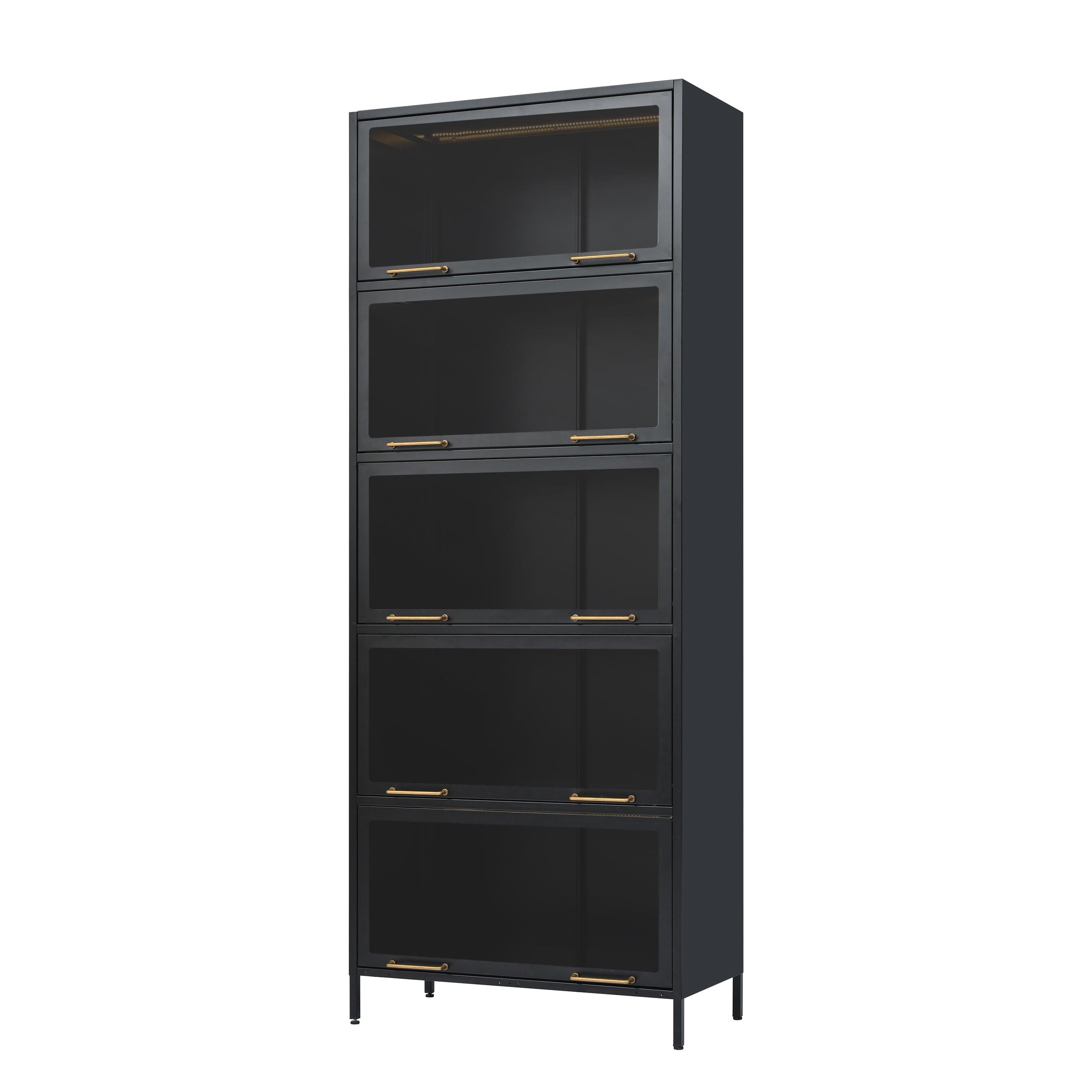 Iron Display Cabinet with Glass Doors - 5-Tier Bookcase.