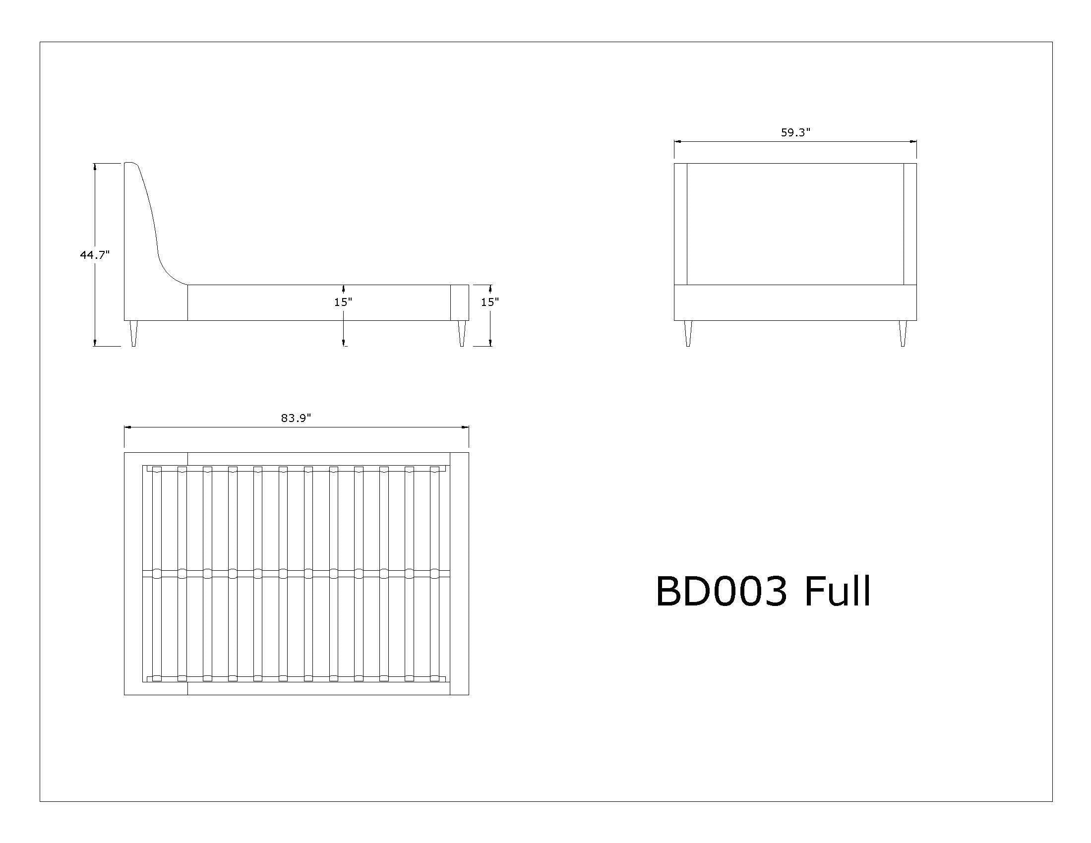 Technical drawing of Mid-Century Modern full bed in blush and black, showing dimensions and frame layout. Ideal for product specification reference.