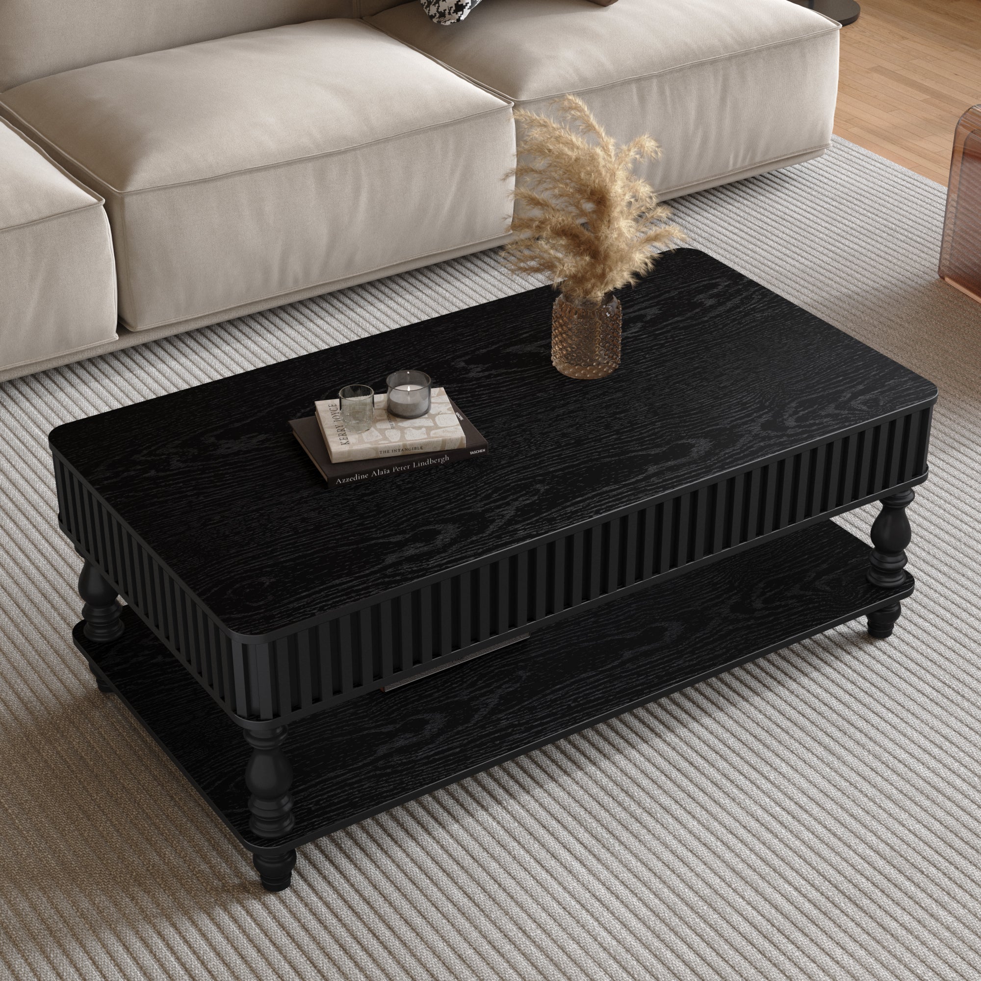Modern lift top coffee table with storage in sleek black finish, closed top design with decorative items on surface and lower shelf for display.