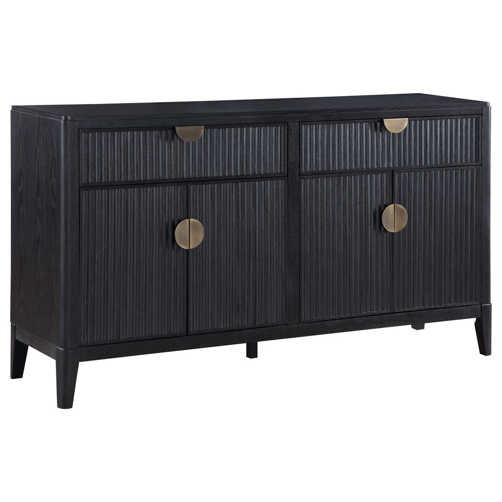 Modern black wooden sideboard with a fluted texture, two drawers, two cabinets, and round brass-finished hardware.