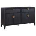 Modern black wooden sideboard with a fluted texture, two drawers, two cabinets, and round brass-finished hardware.