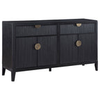 Modern black wooden sideboard with a fluted texture, two drawers, two cabinets, and round brass-finished hardware.