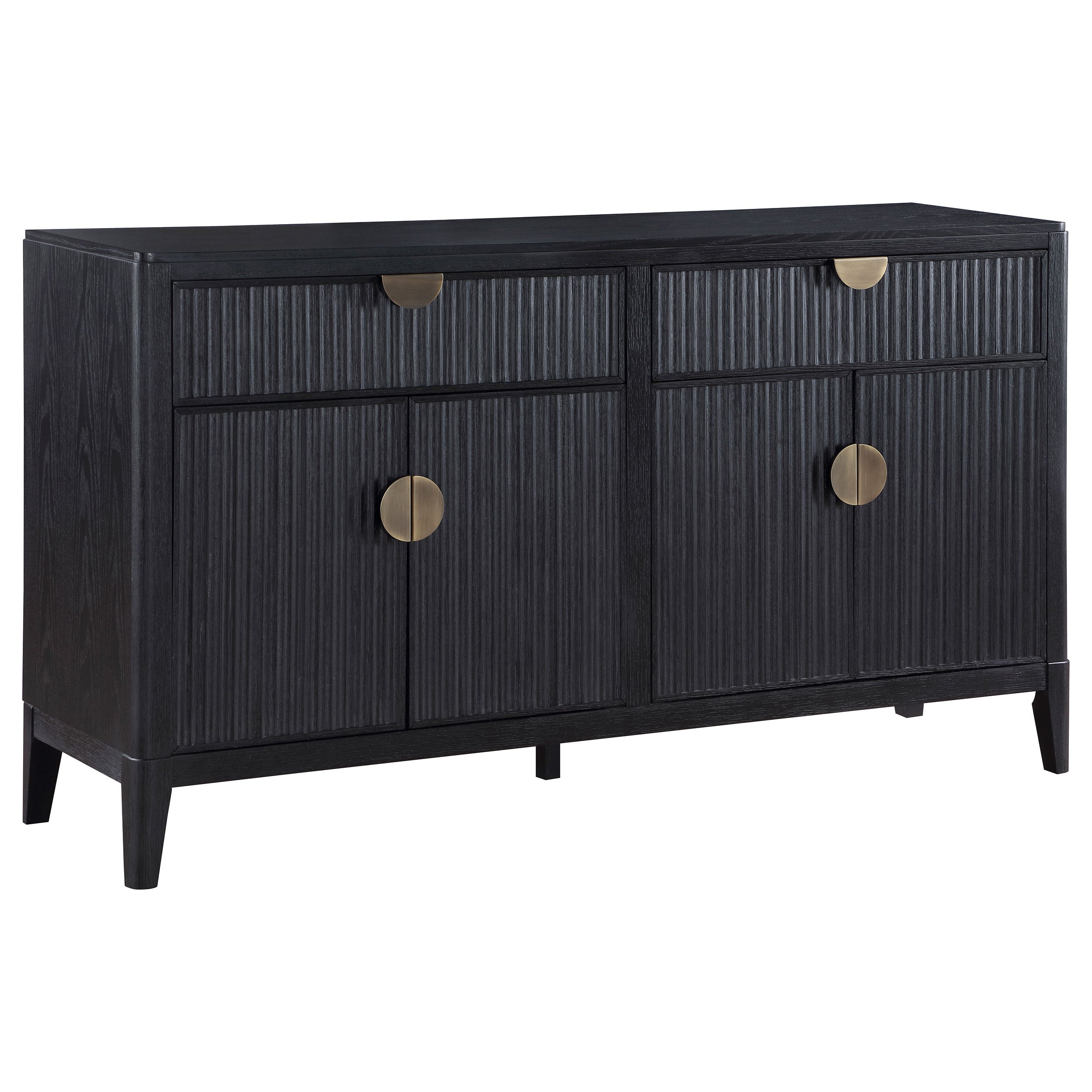 Modern black wooden sideboard with a fluted texture, two drawers, two cabinets, and round brass-finished hardware.