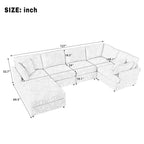 Dimension diagram of U-shaped sectional sofa with ottoman, showing detailed measurements for modular layout planning.