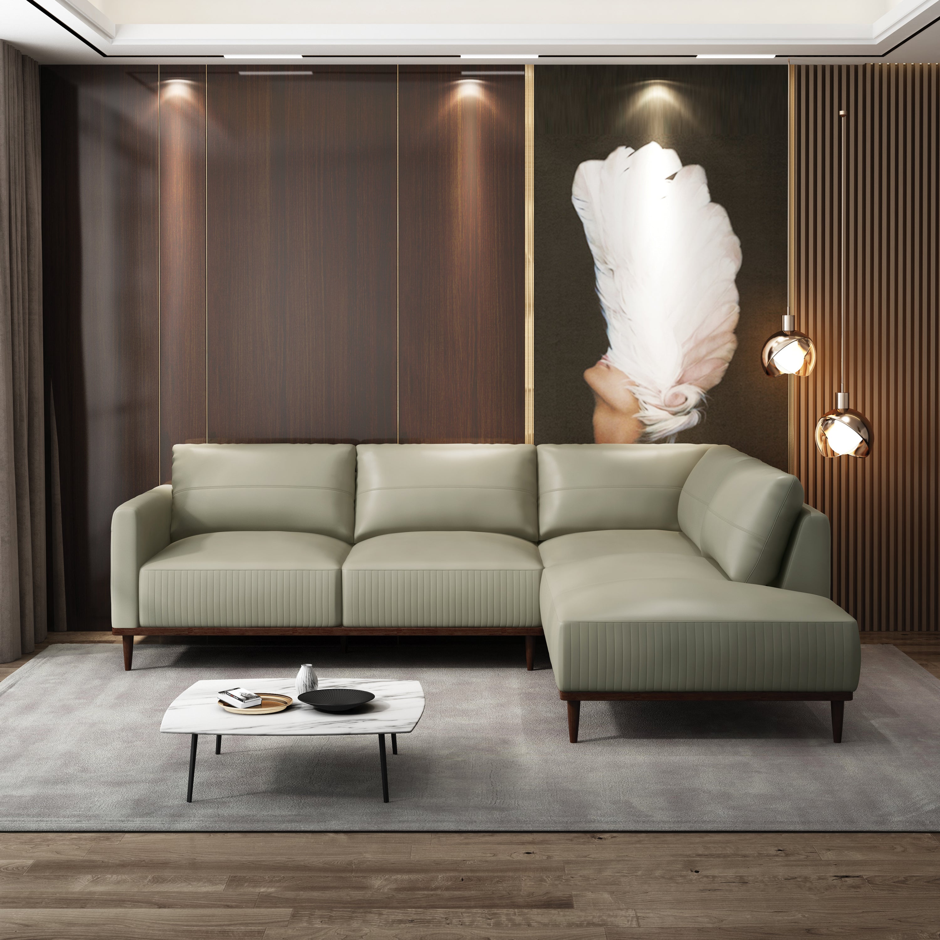 Tampa Airy Light Green Top Grain Leather Sectional Sofa with Chaise