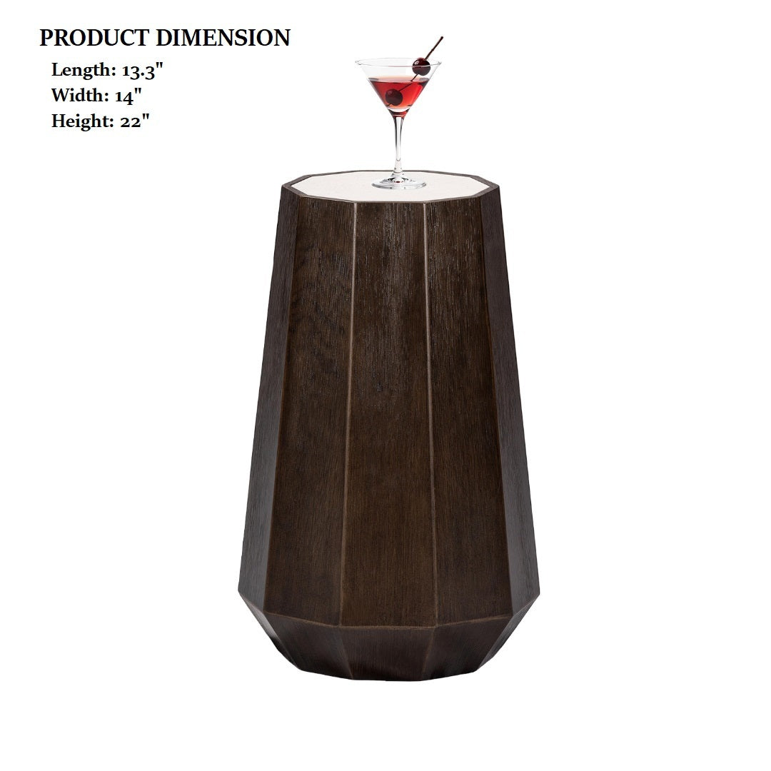 Martini table with stone top and dark walnut trestle base, shown with product dimensions: 13.3" L x 14" W x 22" H.