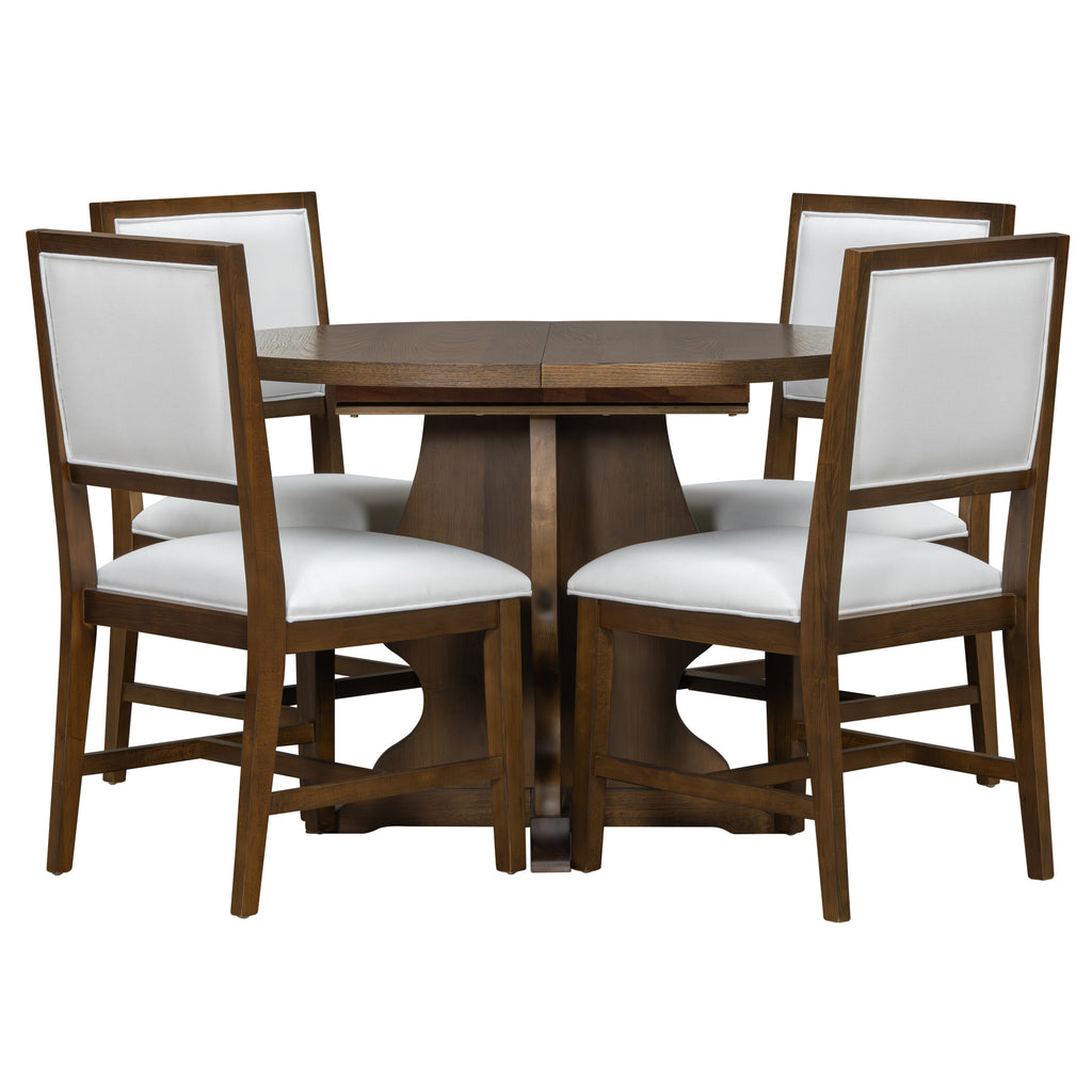 Farmhouse Dining Set in round configuration with four white upholstered chairs tucked in, offering space-saving elegance.